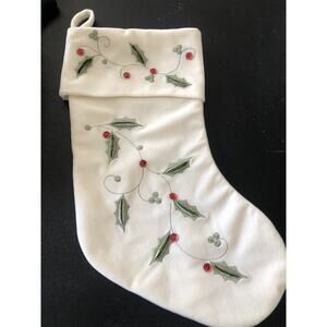 Studio 33 Plush Ivory Holly Christmas Stocking Embroidered Sequins. T